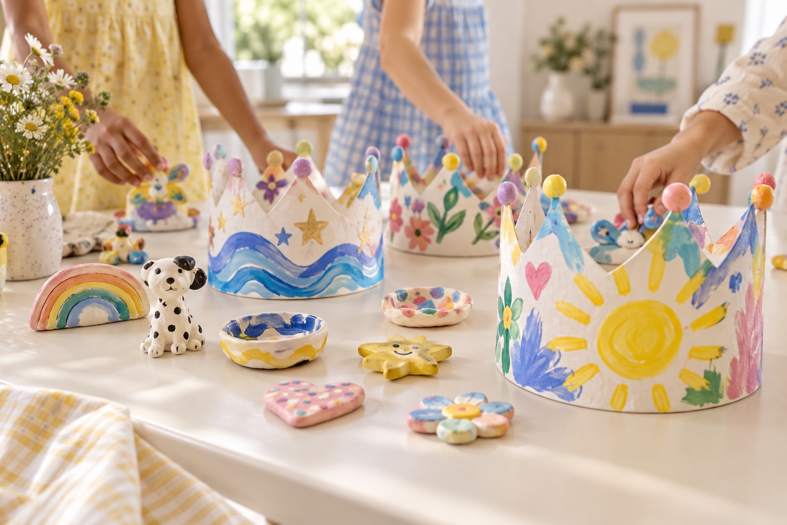 Illustrative art birthday scene with individually decorated paper crowns