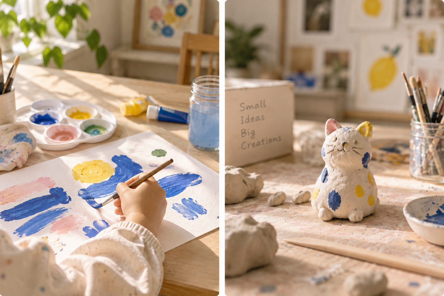 A child painting with blue and yellow paint
